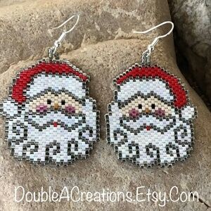 Santa Clause Face Trimmed in Silver Beaded Earrings, New, Handmade by Me